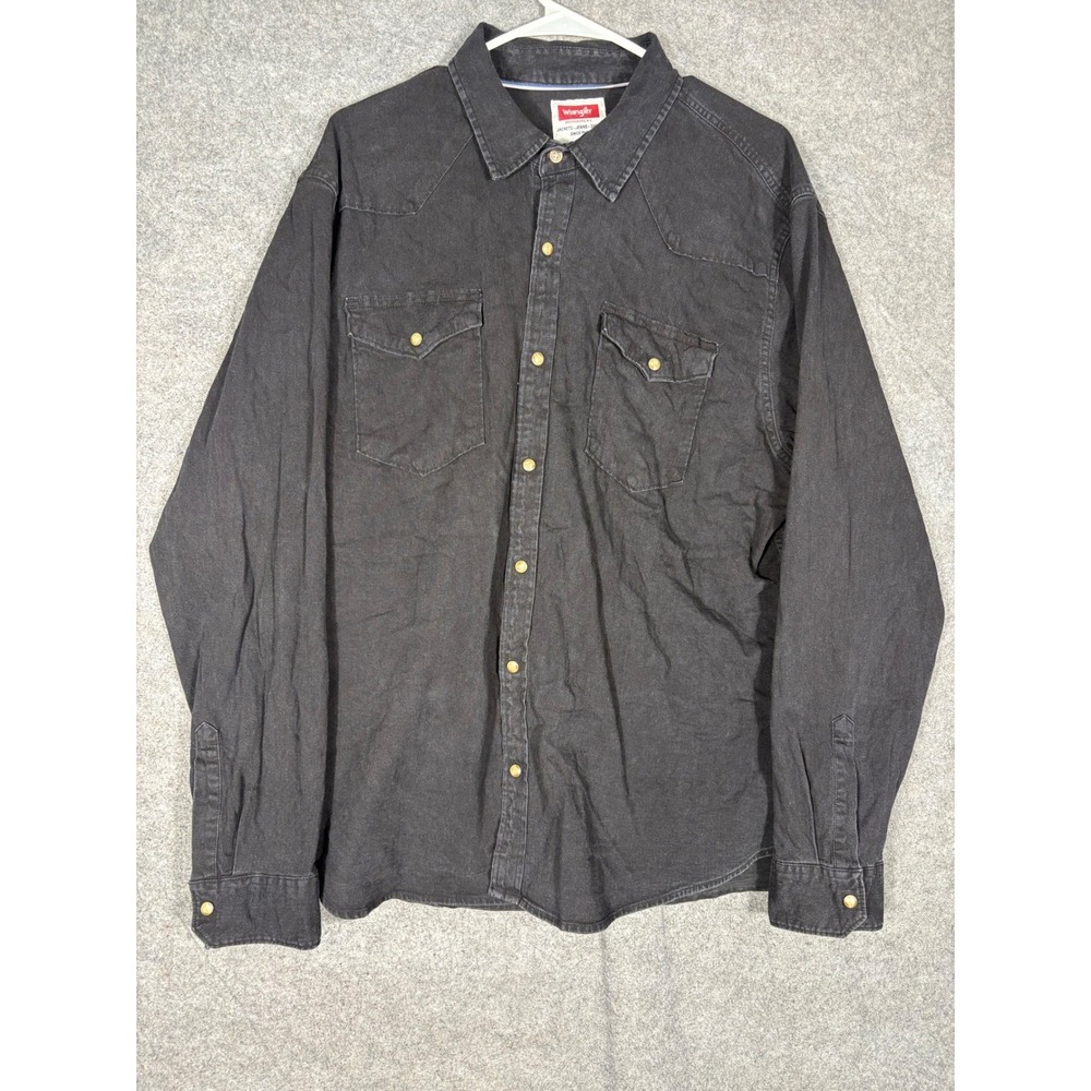 Wrangler Mens Western Snap Shirt XL Black Denim Pearl Snap Cowboy Work Shirt